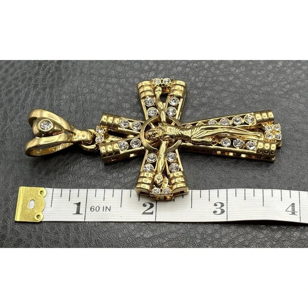 HUGE Gold Tone Crucifix Cross Pendant Jesus Clear Rhinestone Religious Jewelry
